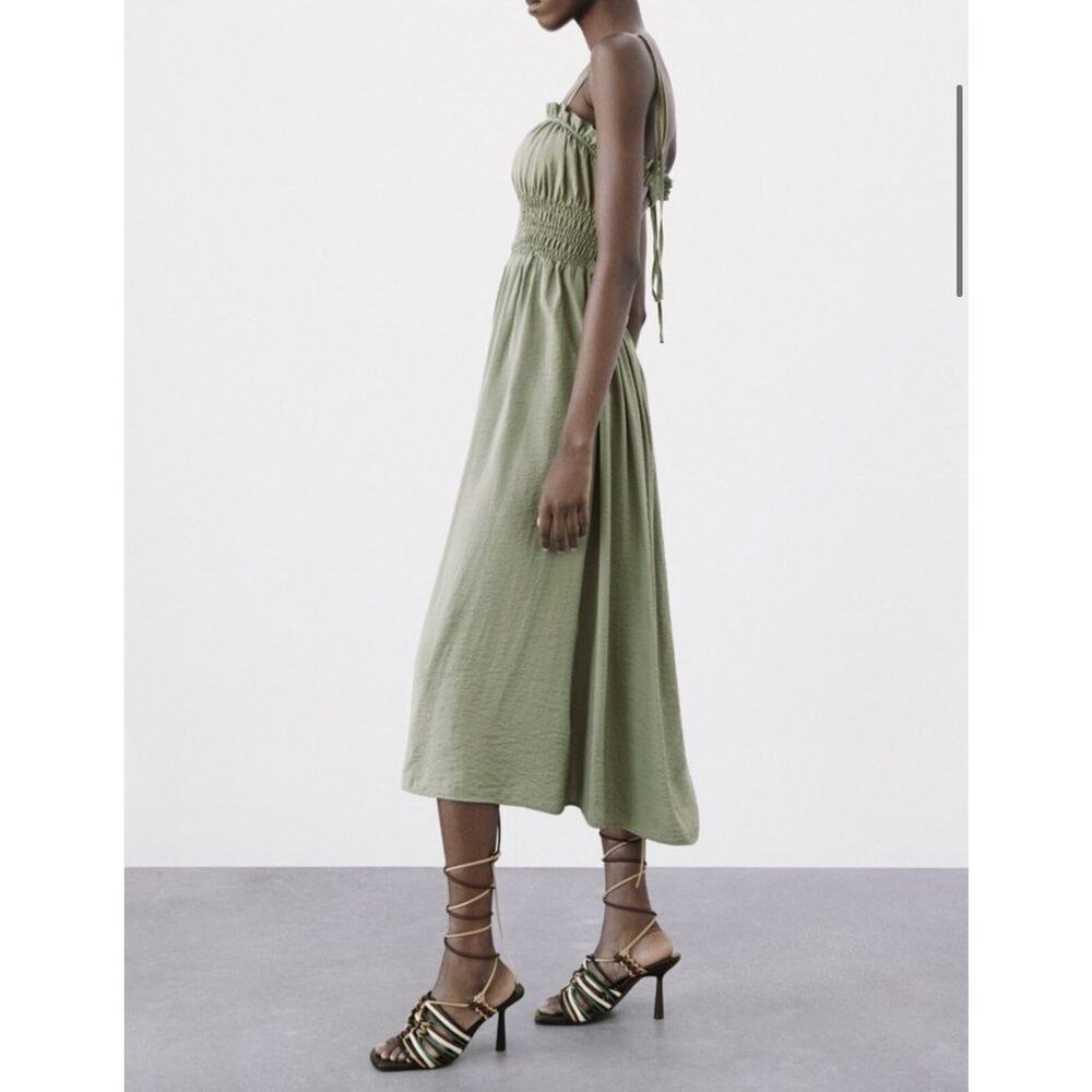 Zara Green Open Elastic Ruffle Back Spaghetti Strap Midi Dress - Picture 2 of 13